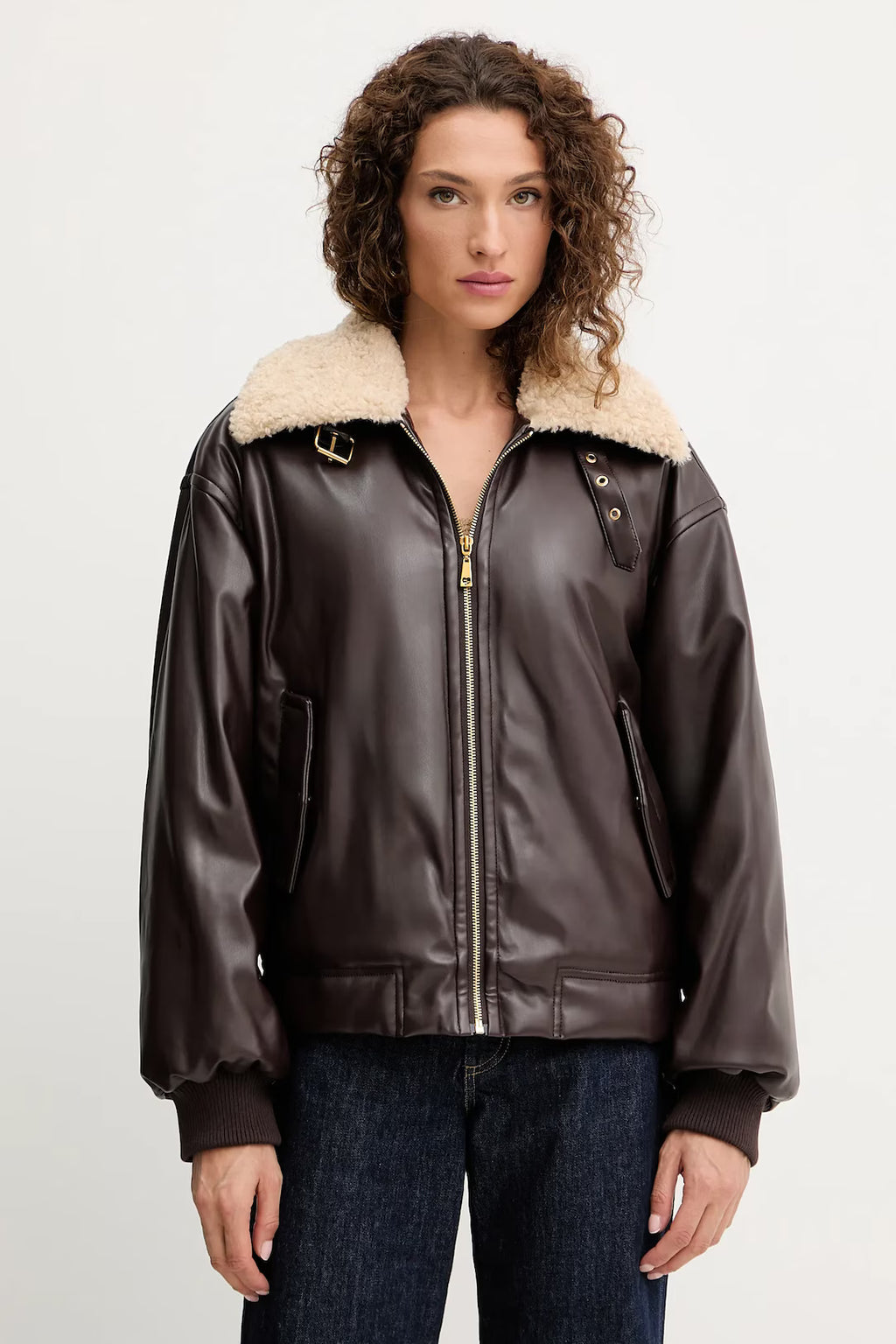 TWINSET – Giacca bomber ecopelle con collo in pelliccia