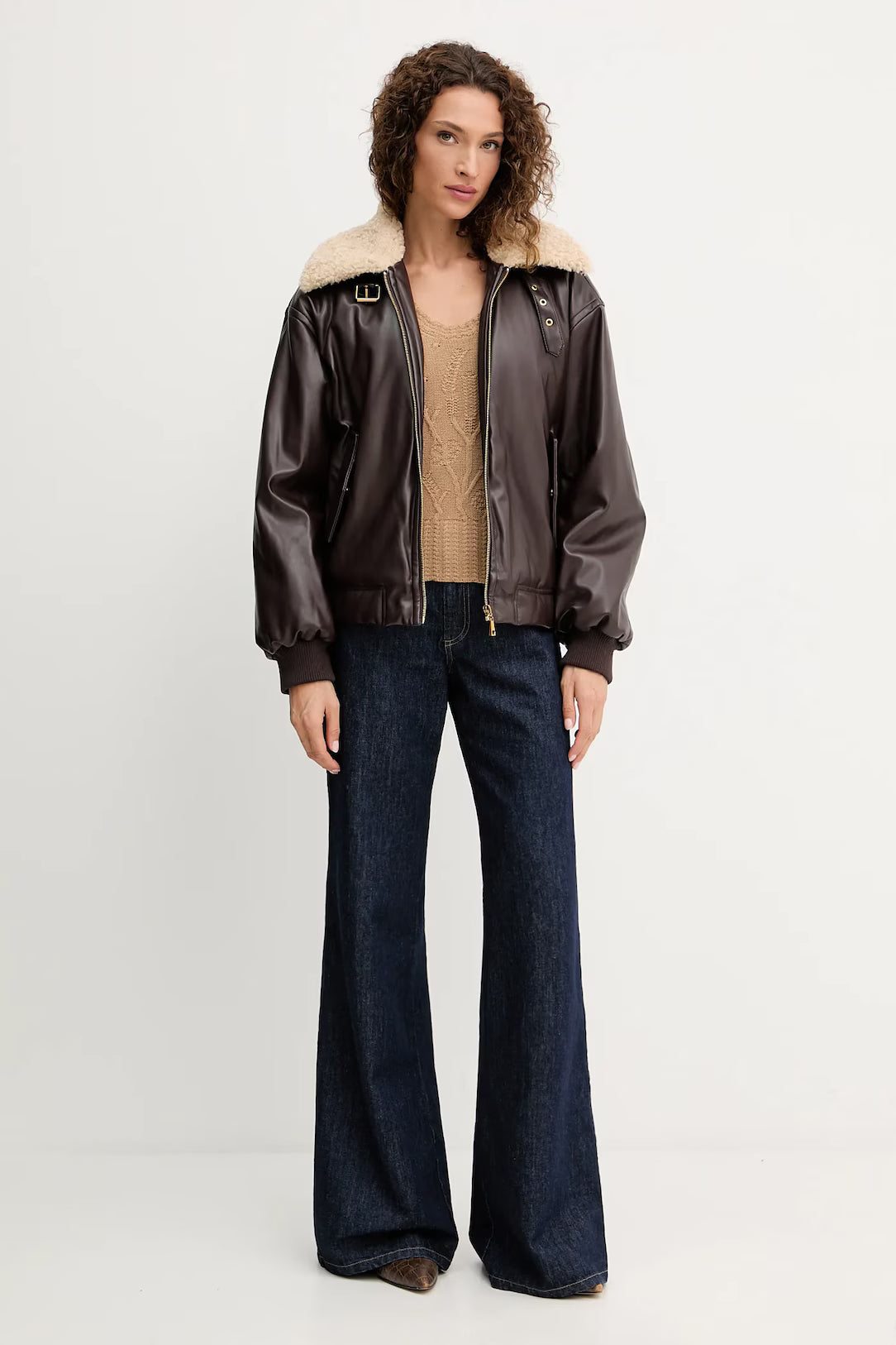 TWINSET – Giacca bomber ecopelle con collo in pelliccia