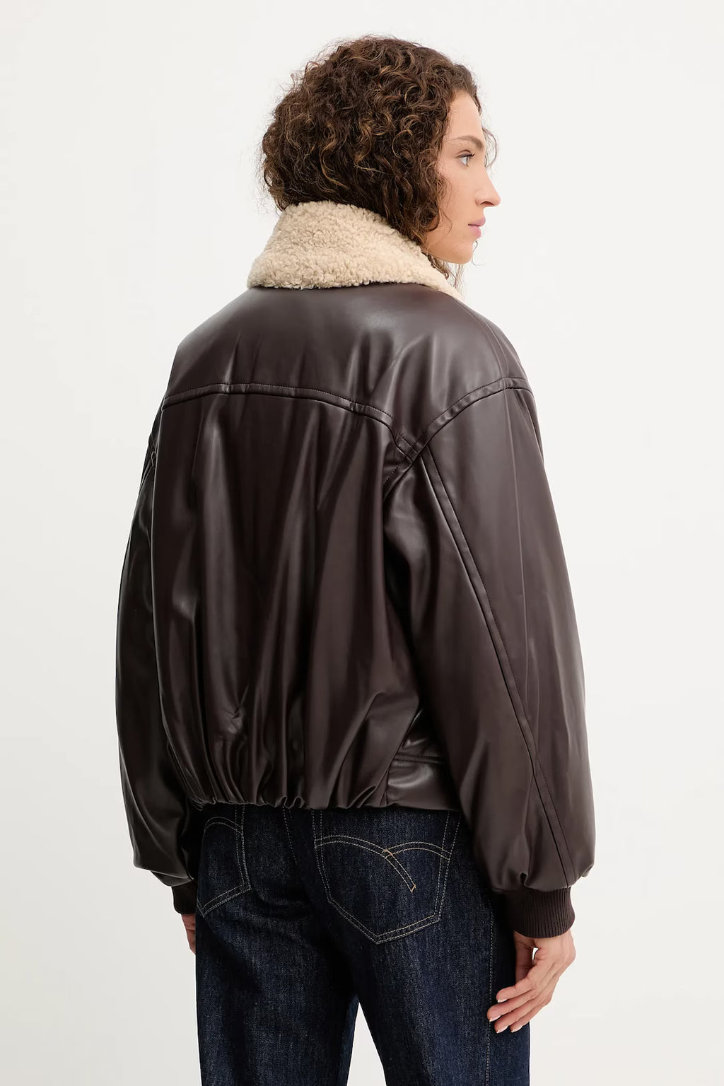 TWINSET – Giacca bomber ecopelle con collo in pelliccia