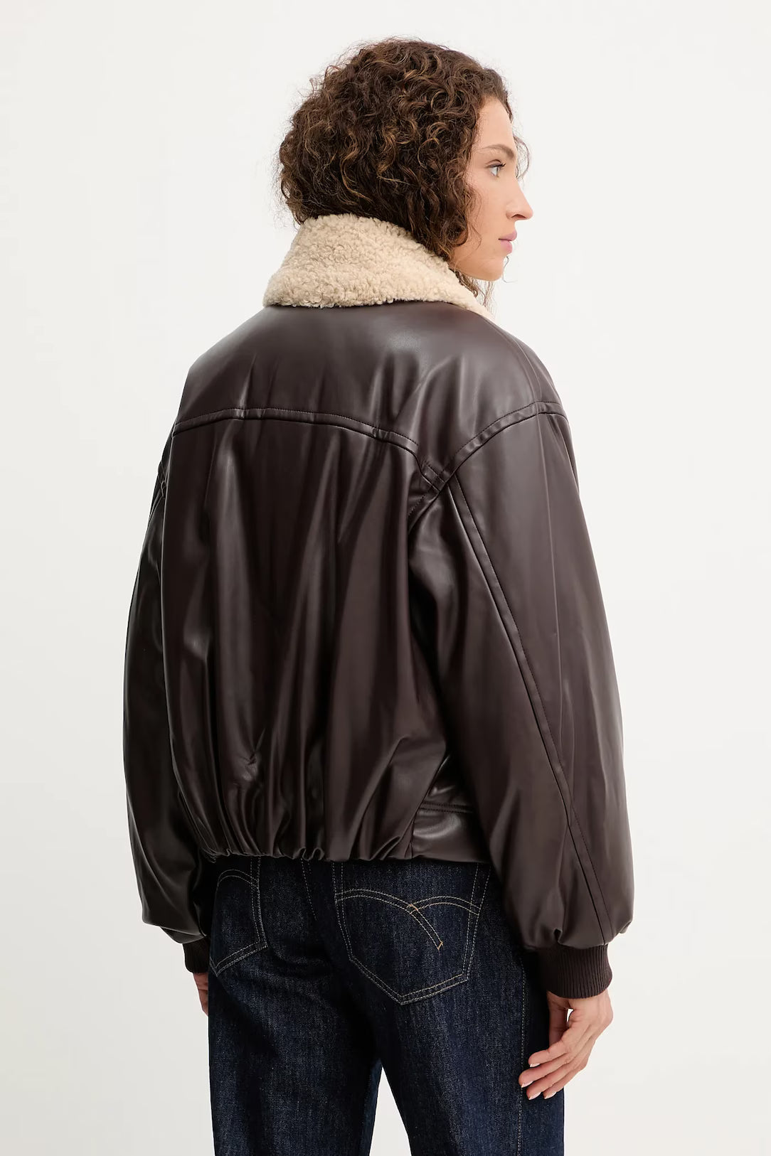 TWINSET – Giacca bomber ecopelle con collo in pelliccia