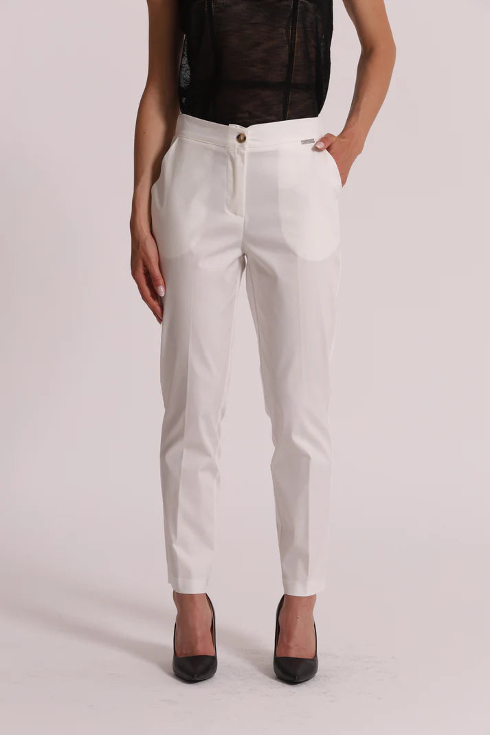 MIMIMUA - PANTALONE IN COTONE CON ELASTICO PANNA