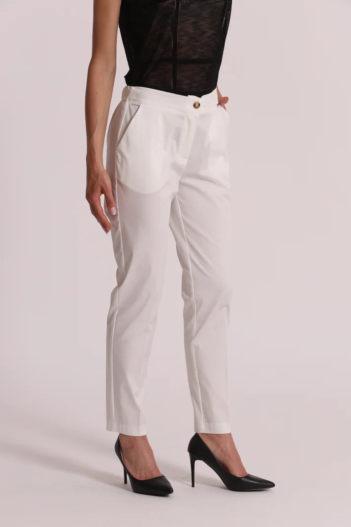 MIMIMUA - PANTALONE IN COTONE CON ELASTICO PANNA