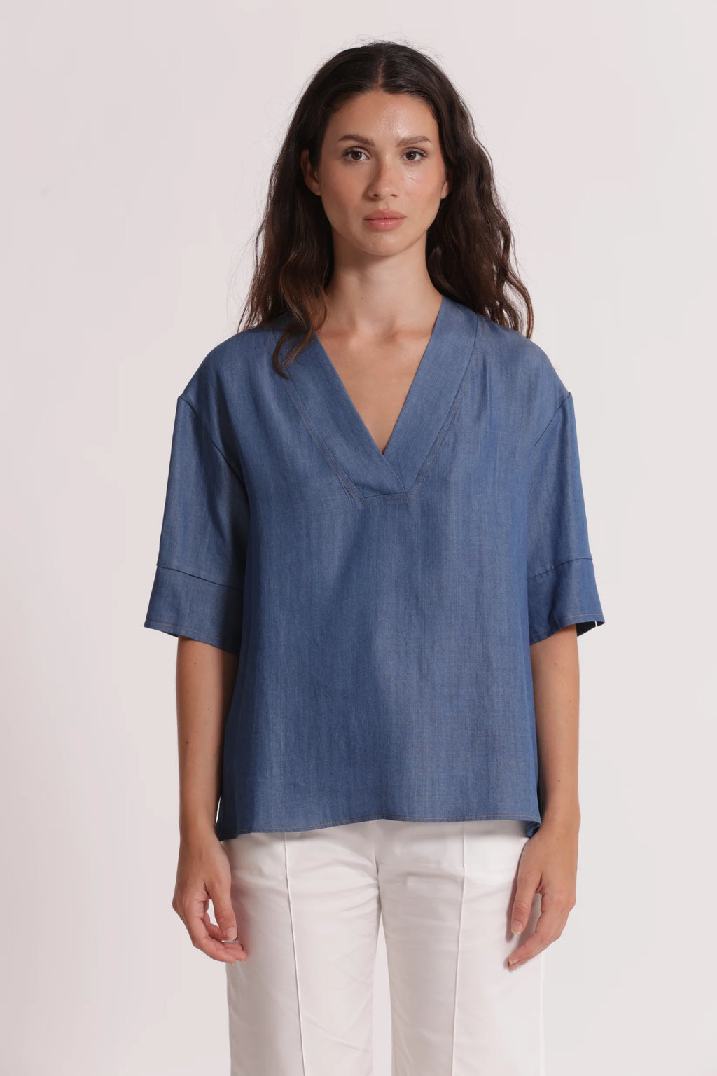 MIMIMUA - BLUSA A MANICHE CORTE IN DENIM