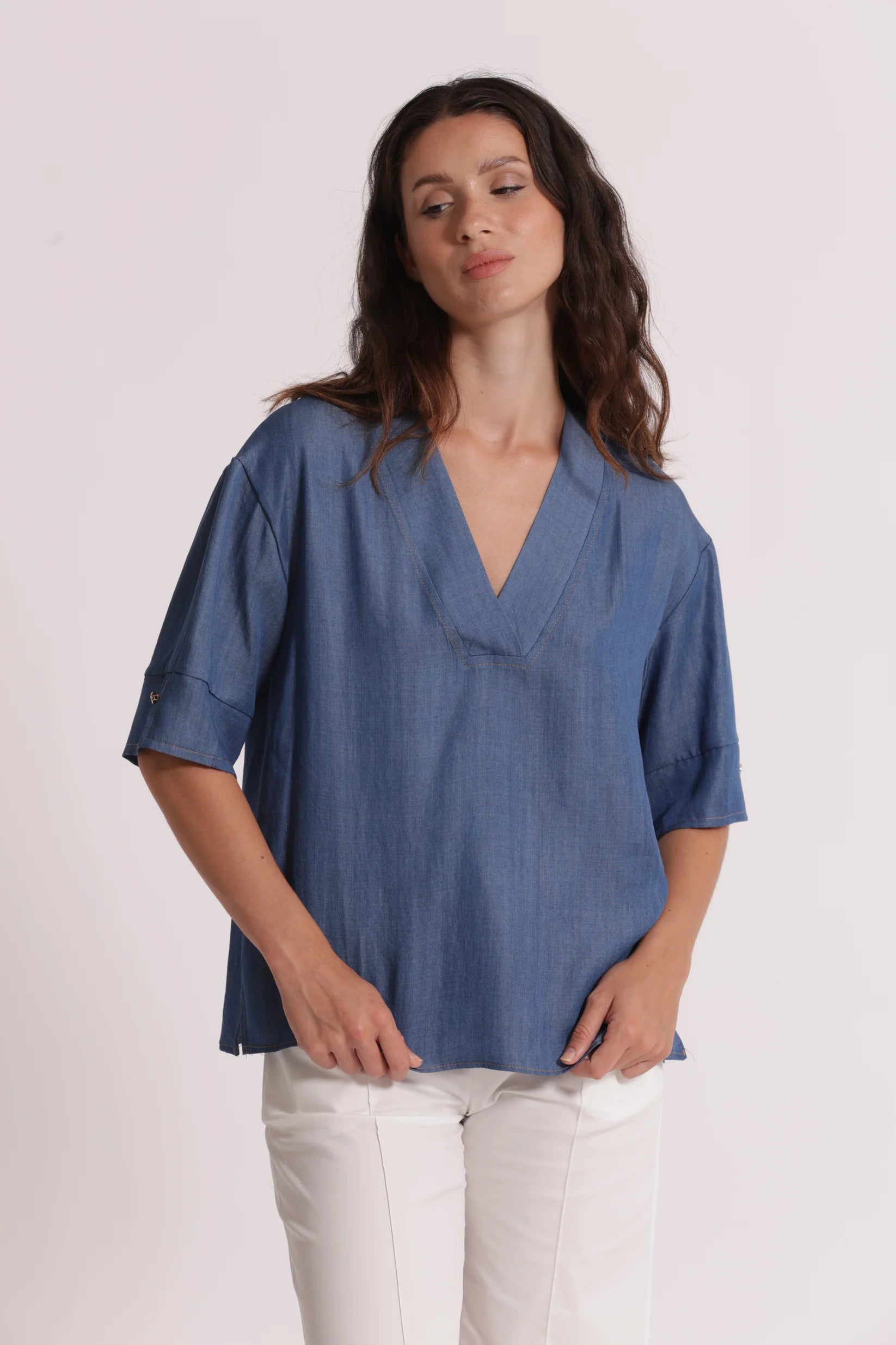 MIMIMUA - BLUSA A MANICHE CORTE IN DENIM