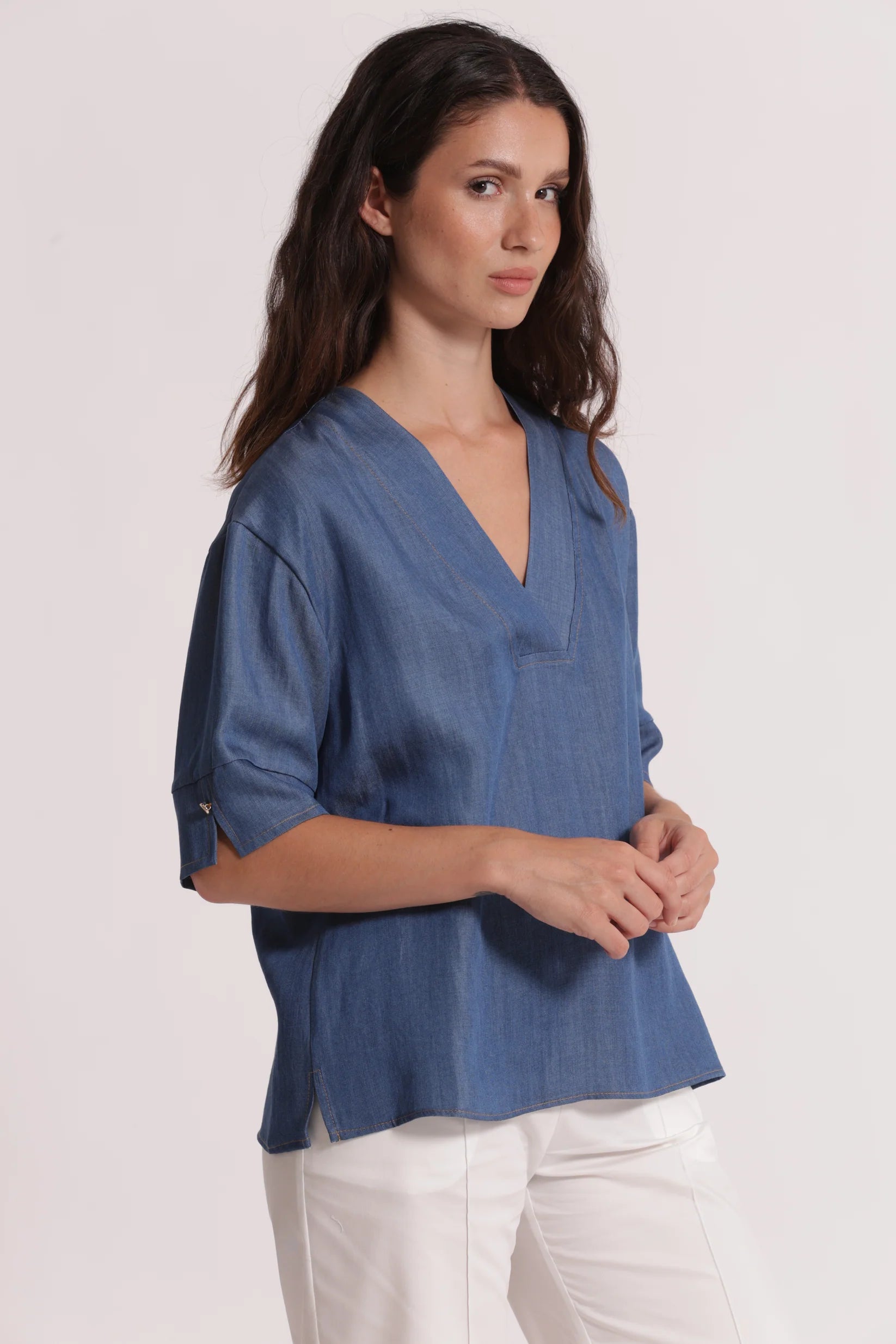 MIMIMUA - BLUSA A MANICHE CORTE IN DENIM
