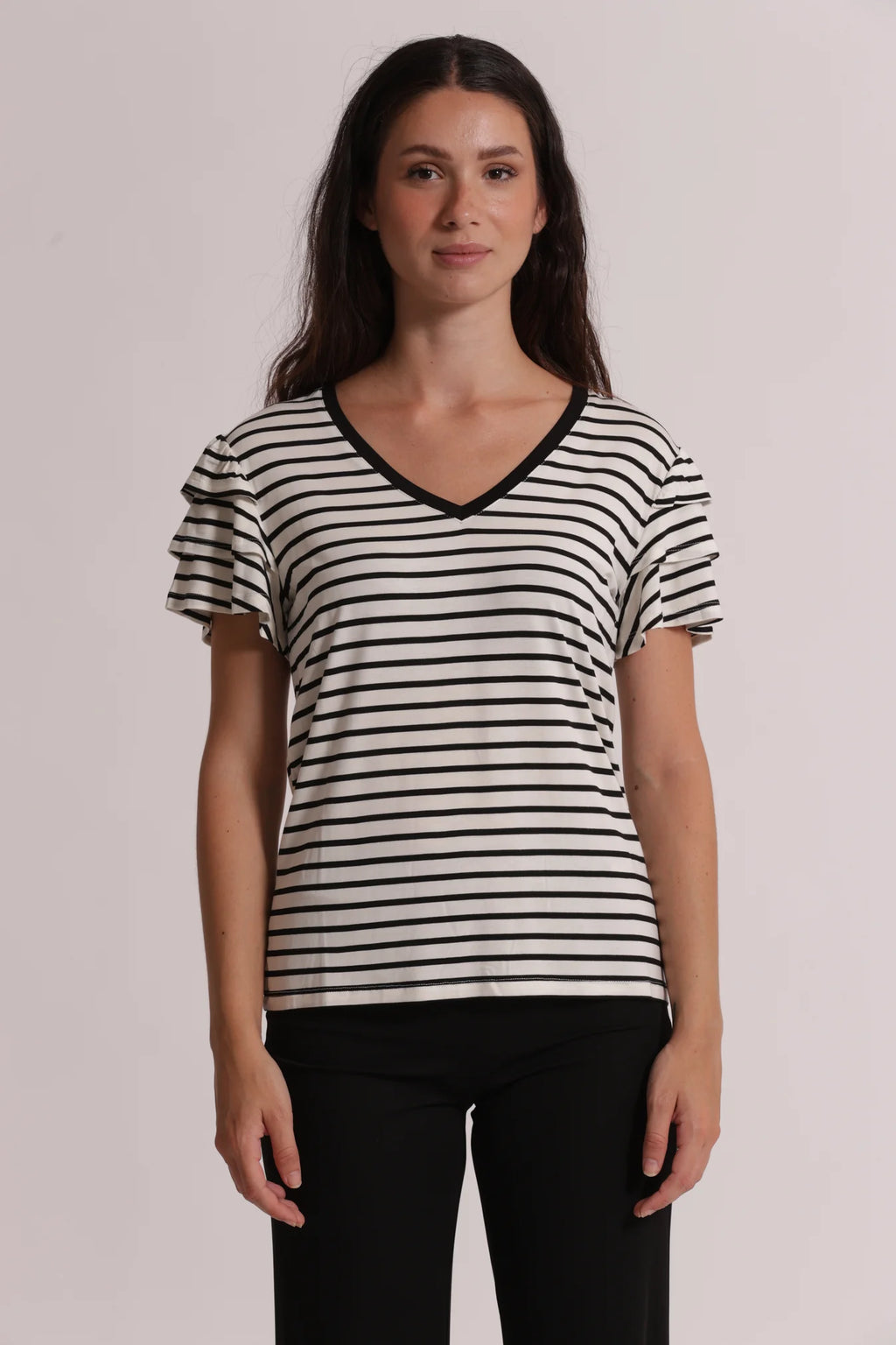 MIMI MUA - T-SHIRT A RIGHE CON MANICHE IN VOLANT
