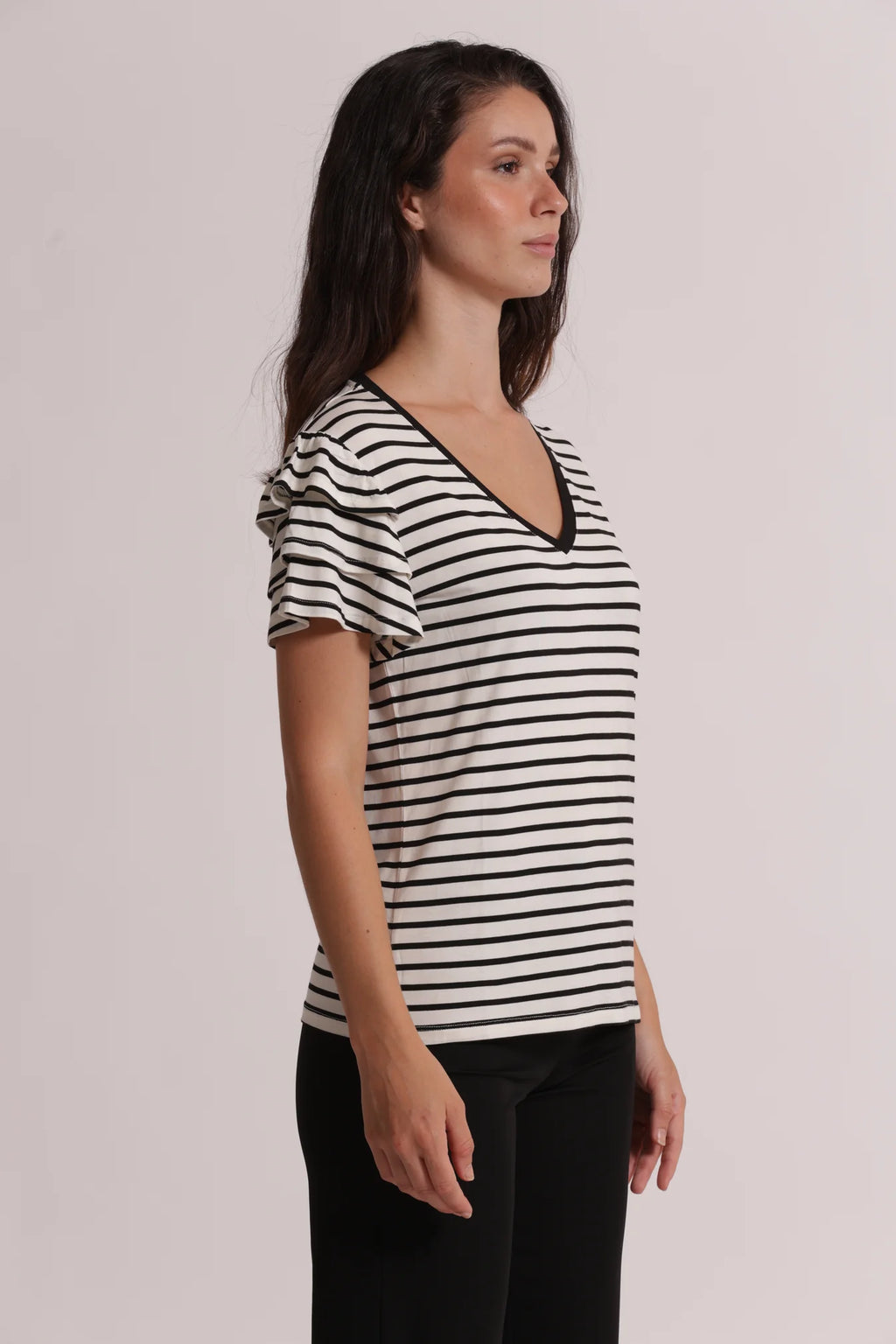 MIMI MUA - T-SHIRT A RIGHE CON MANICHE IN VOLANT